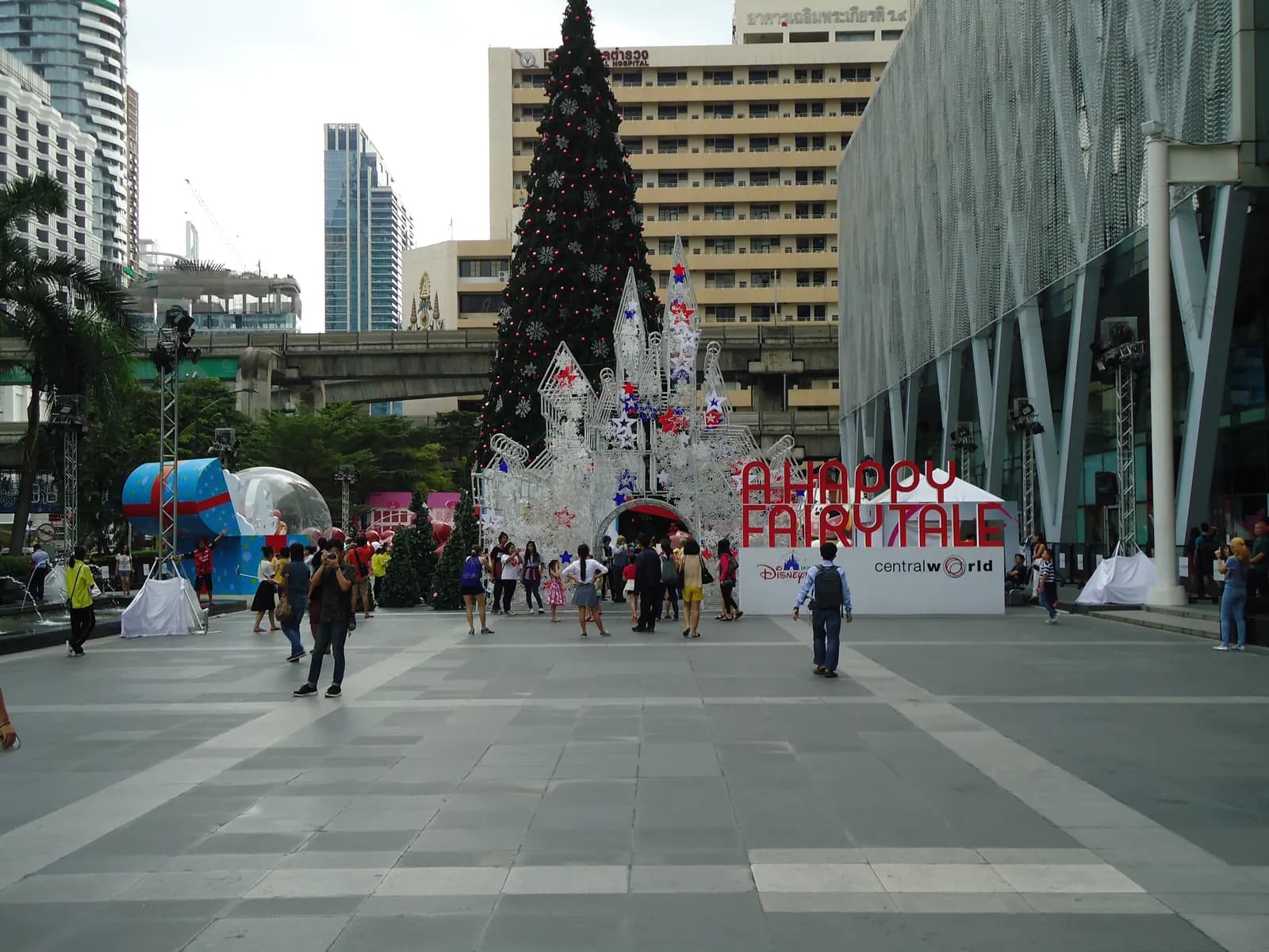 Giant Christmas tree and festive decorations on the forecourt of CentralWorld in Bangkok