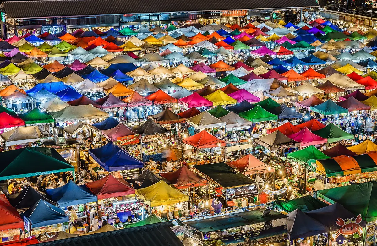 Coloured tents at the Train Night Market Ratchada